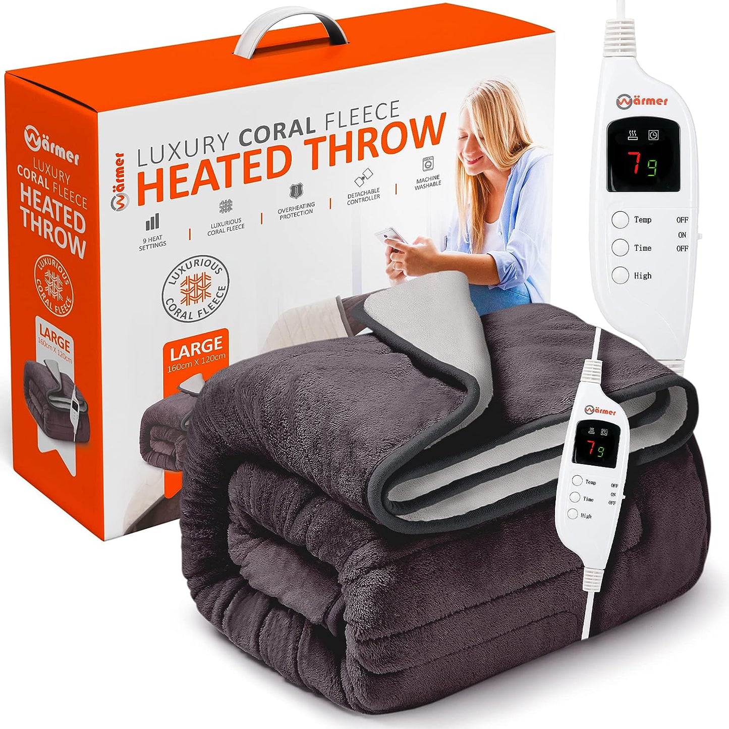 Electric Heated Throw Blanket Digital Controller Timer, 9 Heat Setting, Auto Shutoff 120W
